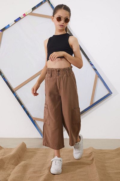 Cansın Mini High Waist Brown Girl's Trousers - Dobby, Model 18940