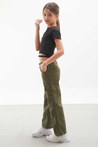 Cansın Mini Καφέ Cargo Pocket Wide Leg Κοριτσίστικο Jean Παντελόνι 18116