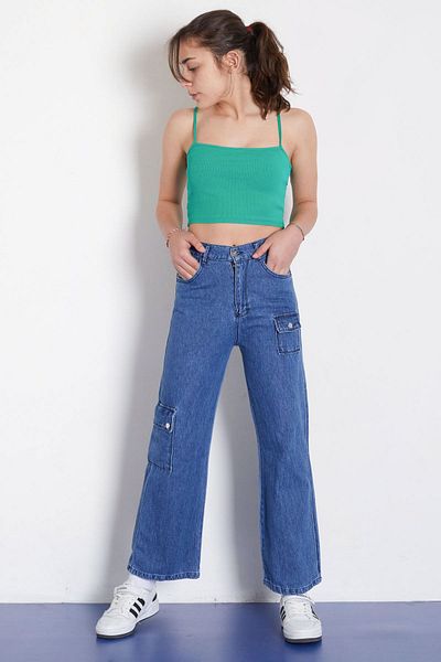 Cansın Mini Pantaloni de jeans pentru fetiță, cu talie înaltă, cu clapetă, cu buzunare, 18367
