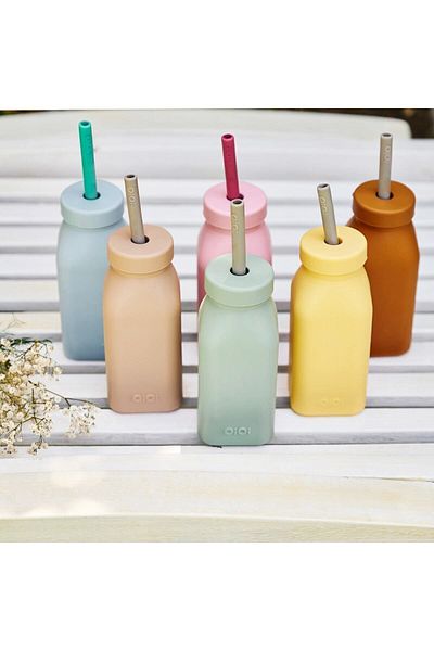 OiOi Silicone Bottle And Straw - Bubble Beige / Powder Gray