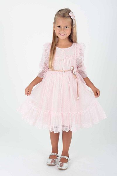 AHENGİM Girl's Lace Tulle Evening Dress with BucKle and Belt Ak2206