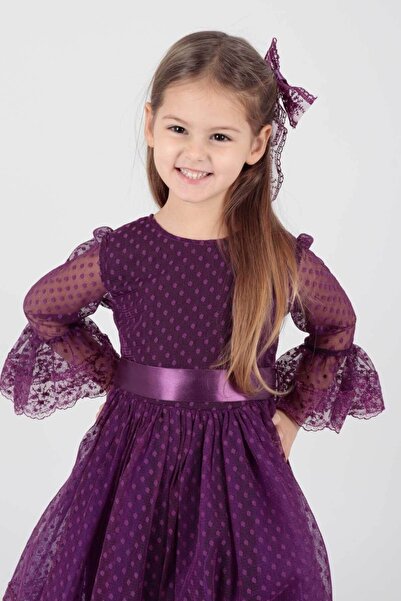 AHENGİM Kids Kız Çocuk Tokalı Ve Tül Dantel Trend Abiye Elbise Ak2209