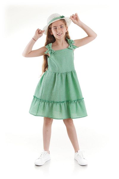 AHENGİM Mädchenkleid - Seersucker Gingham und Hut-Set Ak2524