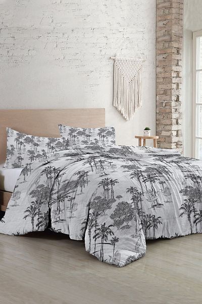 MonoHome Double Duvet Cover Set Special Woven Cotton Satin Canvas Collection Crane Birds Anthracite