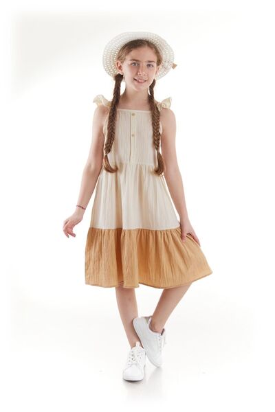 AHENGİM Dívčí letní šaty s knoflíky a kloboukem Ak2516
