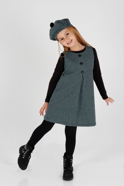 AHENGİM Girl's Hat Dress - 3 Piece Set, Button Detail, Ak2403