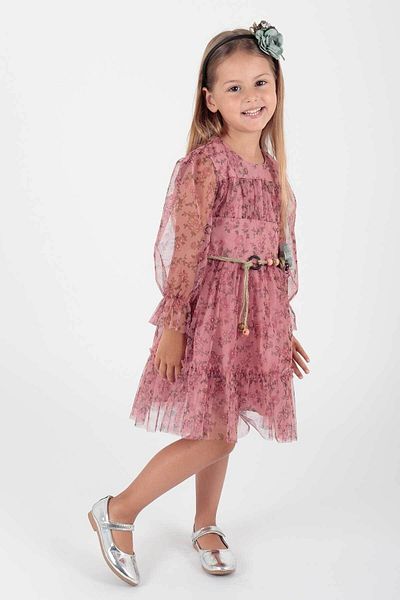 AHENGİM Girl's Floral PrinTed Tulle BelTed Dress - Ak2202