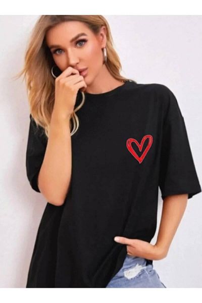 Pink Sky Μαύρο μπλουζάκι Oversize - Minimal Heart Printed