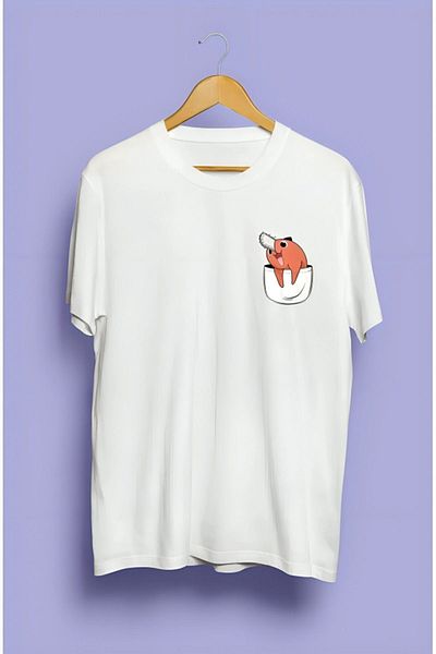 Pink Sky Chainsaw man Pochita minimalist Anime T-shirt - Custom Pocket Design