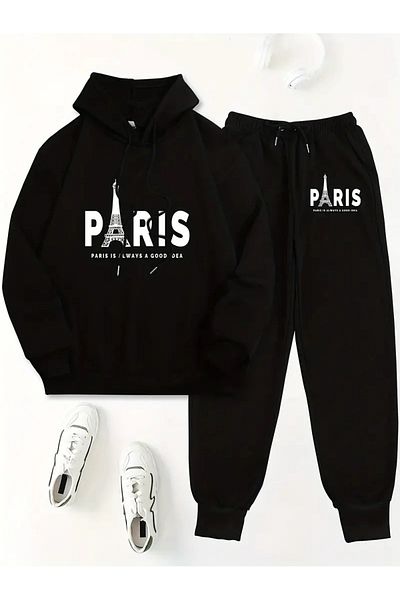 QUEENSTOWN Paris Printed Μαύρο Unisex Oversize Σετ φόρμας με κουκούλα - 3 νήματα