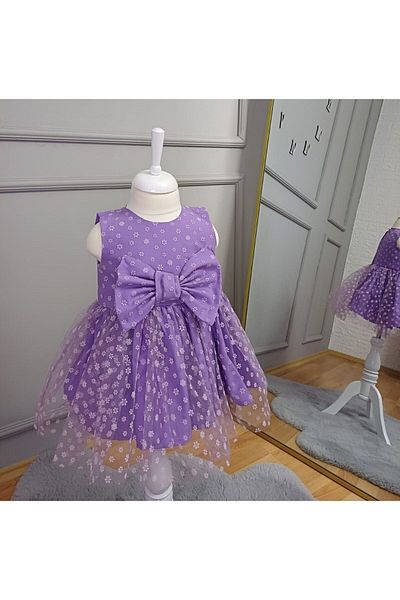 Butik Daisy Patterned Bow Tulle Girl's Dress - Zero Collar and Gathered Back Low-cut