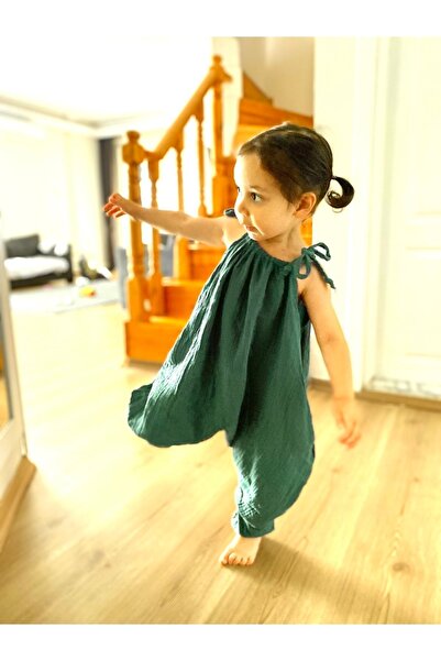 Bebeu Army Green Girl's Muslin Shalwar Jumpsuit - 100% Organic Double Layer