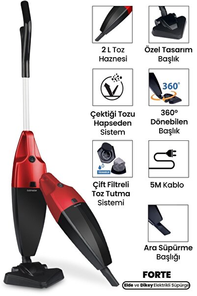 GOLDMASTER Forte Kırmızı 2 Lt Hazneli 800 Watt Yıkanabilir Filtreli 2 In 1 Dikey Ve Elde Elektrikli Süpürge