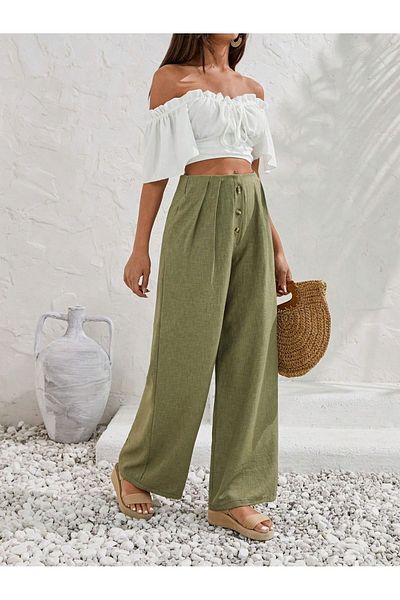 diaves Linen Blended Khaki Loose Cut Trousers - Buttoned