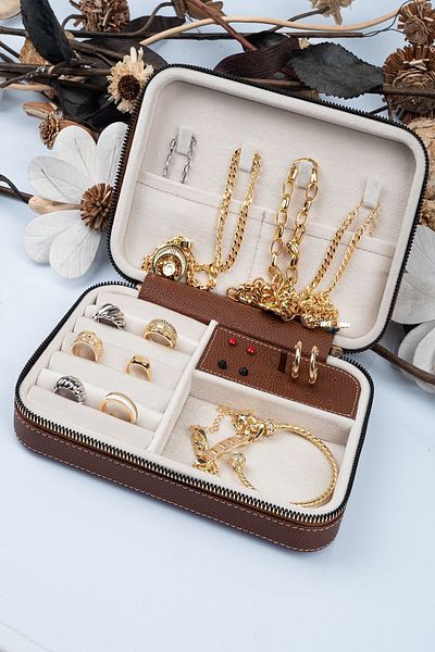 Gold Box Organizer Jewelry Storage Box with Large Size Compartments and Travel Case Wooden Tan (21X14.5X5)