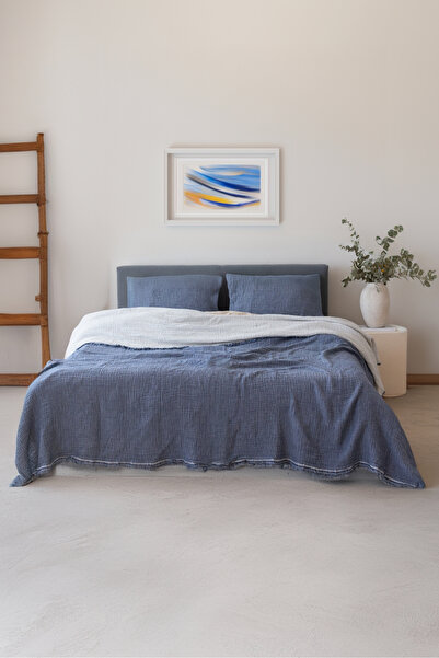 vivamaison Single Pique Bedspread 4 Layers Muslin Cotton Double Sided Indigo Blue 160x240 cm