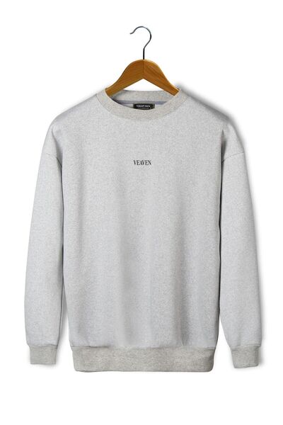 JAKARLI Unisex Gray Front Veaven Printed Oversize Thick Three Thread Ribbed C...
