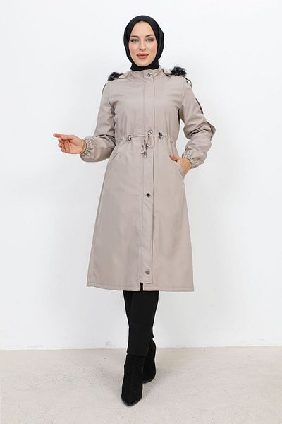 Tesettür Dünyası Mittellanger Bondit-Mantel mit Plüschfutter TSD231114 Beige