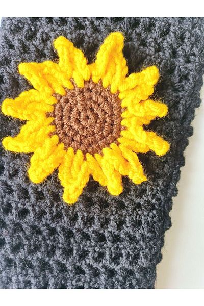 Talai Knitting Geantă neagră de umăr cu model de floarea soarelui