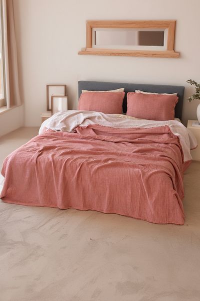 vivamaison Cuvertură de pat cu 4 straturi din muselină din bumbac - Cuvertură de pat cu două fețe, culoare teracotă 160x240 cm