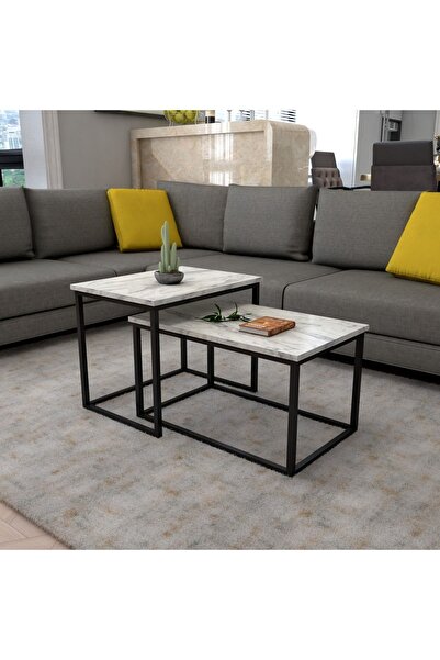 AYMOBSAN Pissa Metal Ayak Orta Sehpa Yan Sehpa 2li Zigon Sehpa Beyaz Mermer D...