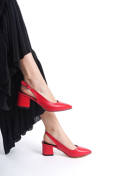 YASEMİN Women's Red Skin Open Back Buckle 6 cm Thick Heel Shoes - Fleur