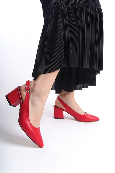 YASEMİN Women's Red Skin Open Back Buckle 6 cm Thick Heel Shoes - Fleur