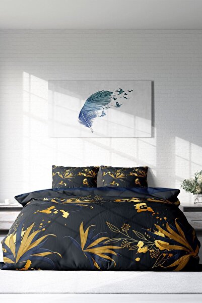 PerlaSera Set de lenjerie de pat cu design personalizat 3D - satin de bumbac țesut dens, frunze de aur, dublu