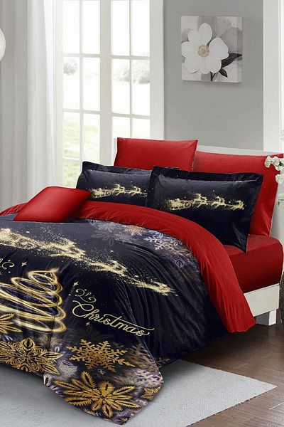 MonoHome Christmas Duvet Cover Set (With Elastic Sheets) Double 100% Cotton Satin Gold Christmas