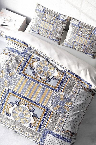 PerlaSera 3D Custom Design Duvet Cover Set - Tightly Woven Cotton Satin, Blue Patchwork, Double