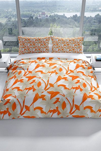 Cattleya Orange 3d Cotton Satin Double Duvet Cover Set