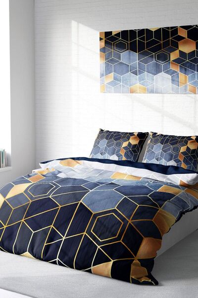 PerlaSera Arty Blue - Double Duvet Cover Set, Tightly Woven Cotton Satin, 3D Custom Design