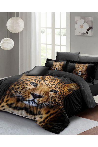 PerlaSera 3D Custom Design Leopard Double Duvet Cover Set - Tightly Woven Cotton Satin