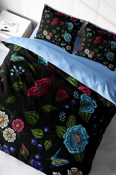 PerlaSera 3D Custom Design - Flower Black Double Duvet Cover Set, Tight Woven Cotton Satin