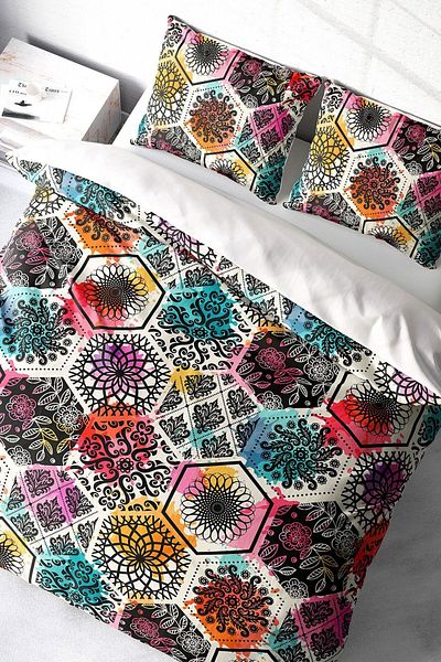 PerlaSera 3D Custom Design - Double Duvet Cover Pack, Tightly Woven Cotton Satin, Patchwork Tiles