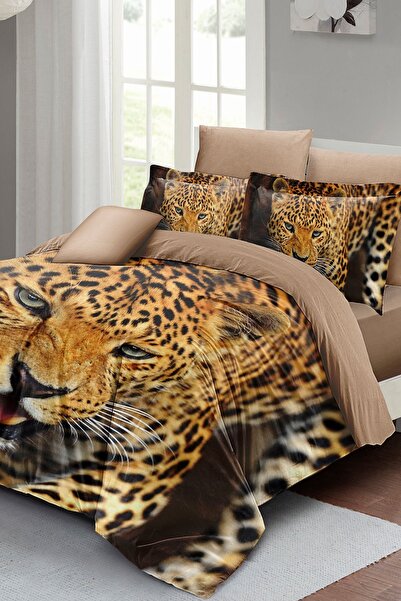 MonoHome 100% Cotton Satin Double Duvet Cover Set with Fitted Sheets Wild Tiger