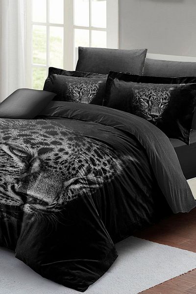 PerlaSera 3D Custom Design - Double Cotton Satin Duvet Cover Set, Black Leopard