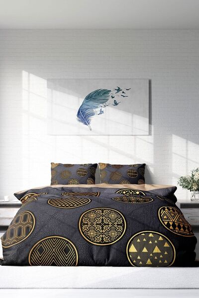 PerlaSera 3D Custom Design - Double Duvet Cover Set, Tight Woven Cotton Satin, Gold Black Circle