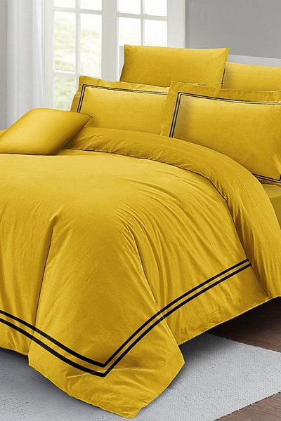 MonoHome Double (With Elastic Sheet) 100% Cotton Satin Duvet Cover Set Luxury Cotton Satin Yellow