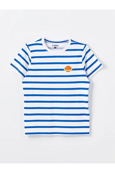 LC Waikiki LCW Kids Optical - Set de pijamale pentru băieți cu pantaloni scurți, imprimeu alb, dungi, decolteu, mânecă scurtă