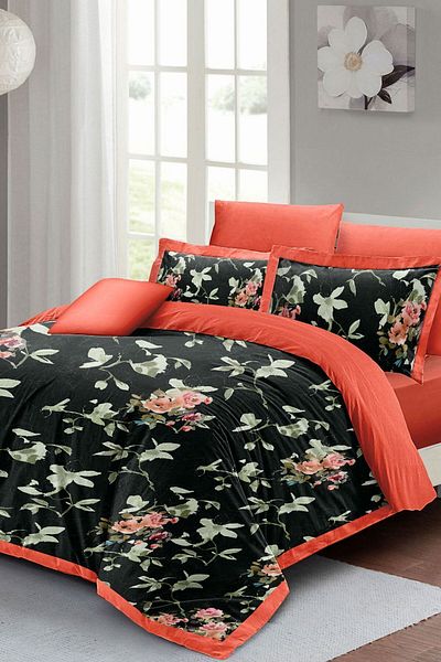 PerlaSera 3D Custom Design Duvet Cover Set - Tightly Woven Cotton Satin, Black Salmon Flower, Double
