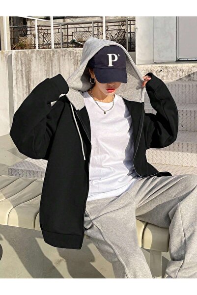 ALİKA سترة صوفية نسائية بسحاب كبيرة الحجم باللون الأسود والرمادي