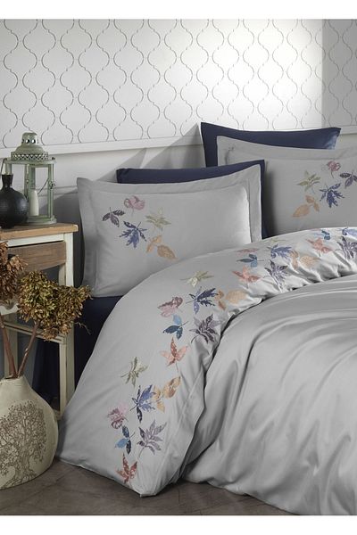 Dantela Gray Bowl Embroidered Duvet Cover Set