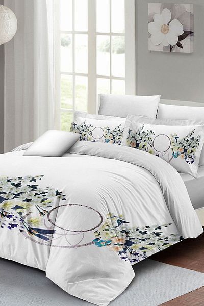 PerlaSera White Floral 3D Custom Design - Double Duvet Cover Set, Satin-Cotton