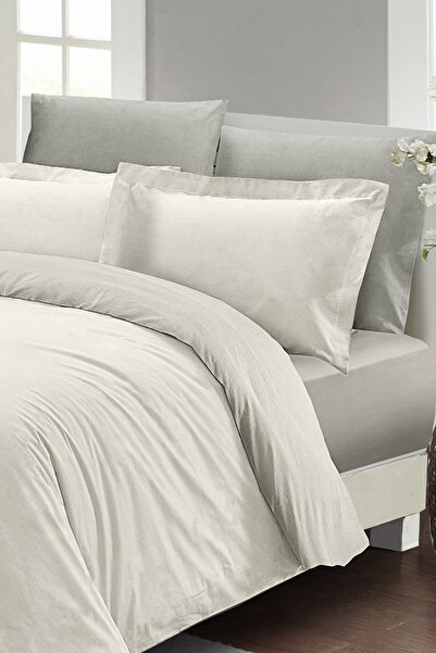 MonoHome Double Duvet Cover Set with Fitted Sheets Cream Lux Cotton Ranforce