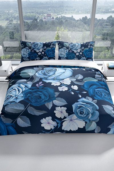 PerlaSera Blue Flower 3d Cotton Satin Double Duvet Cover Set