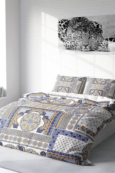PerlaSera 3D Custom Design Duvet Cover Set - Tightly Woven Cotton Satin, Blue Patchwork, Double