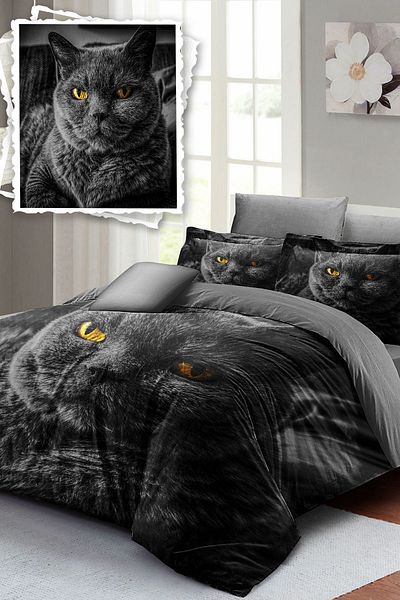 PerlaSera Serious Cat Natural 3D Special Design - Double Duvet Cover Set, Tightly Woven Cotton Satin