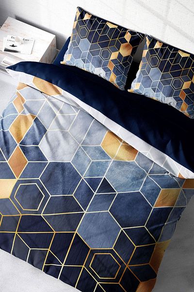 PerlaSera Arty Blue - Double Duvet Cover Set, Tightly Woven Cotton Satin, 3D Custom Design