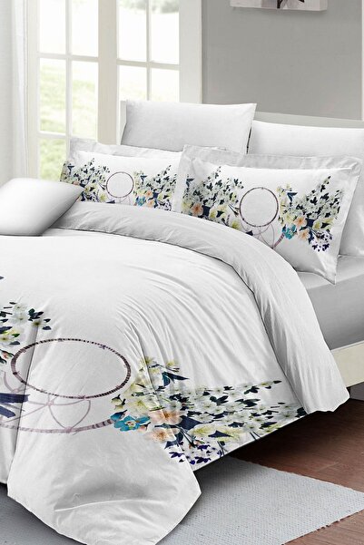 MonoHome White Floral 100% Cotton Satin Duvet Cover Set - Double Elastic